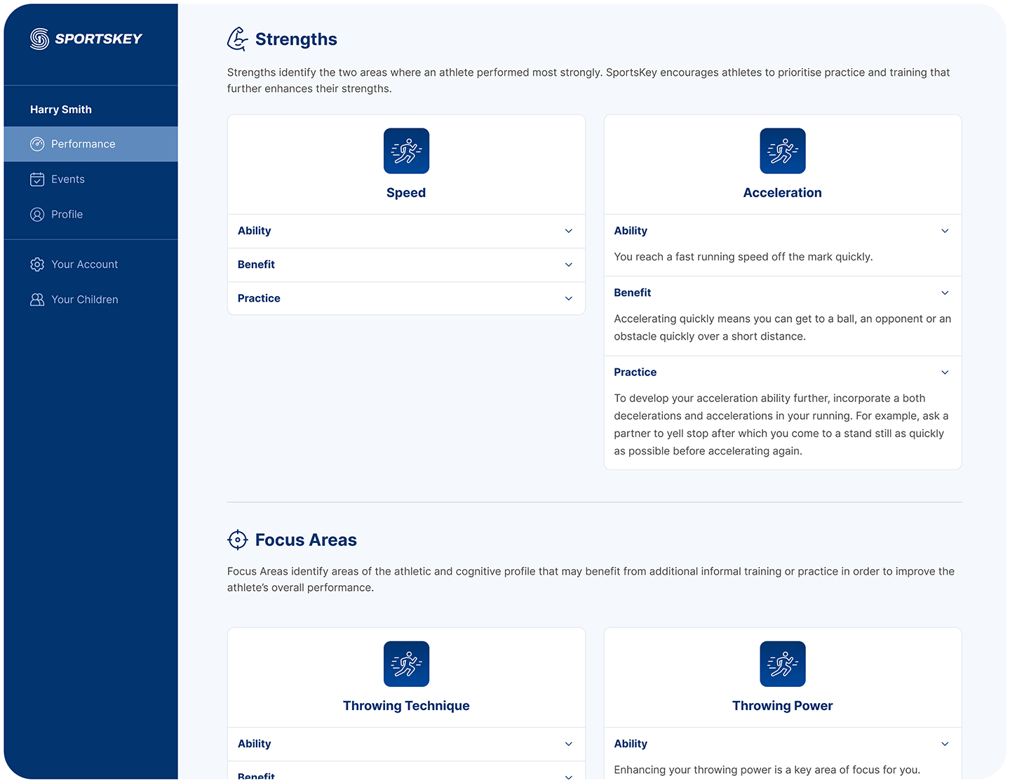 Sportskey dashboard showing strengths and focus areas